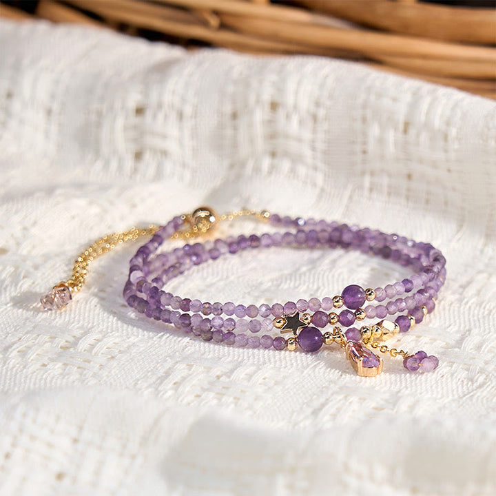 Pulsera de meditación de triple vuelta con amatista natural, gota de agua y estrella de Buddha Stones