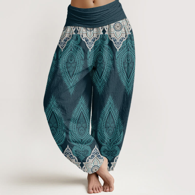 Pantalones Buddha Stones de algodón puro con diseño floral y plumas para mujer, cintura elástica - Turquesa oscuro - US22，UK/AU26，EU54 (6XL) - image 0