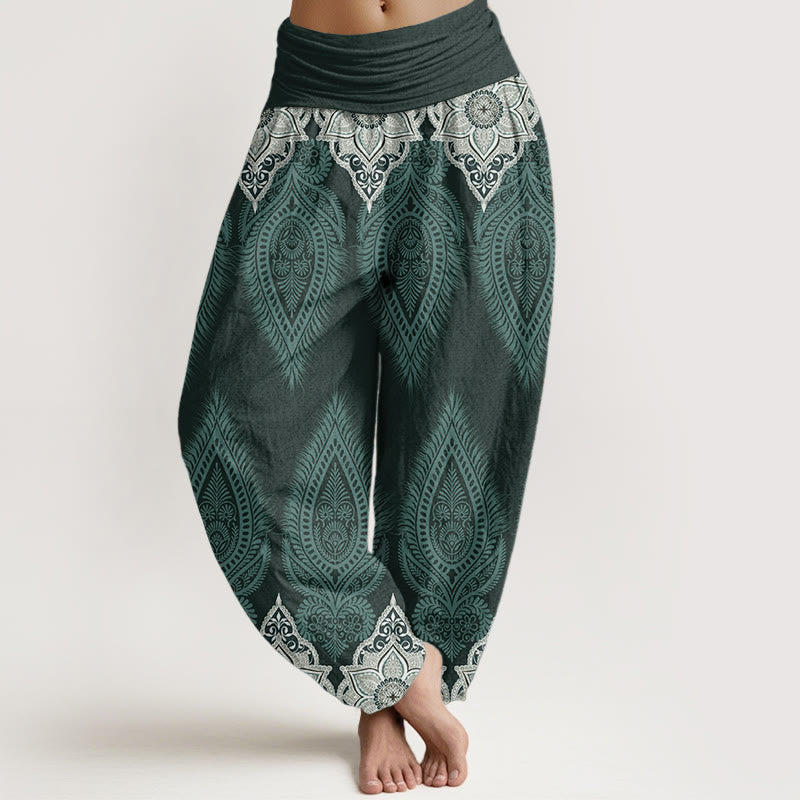 Pantalones Buddha Stones de algodón puro con diseño floral y plumas para mujer, cintura elástica - Azul cadete - US22，UK/AU26，EU54 (6XL) - image 5