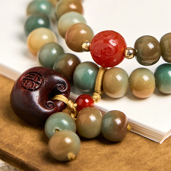 Pulsera de doble vuelta con semillas de Bodhi coloridas y Buddha Stones