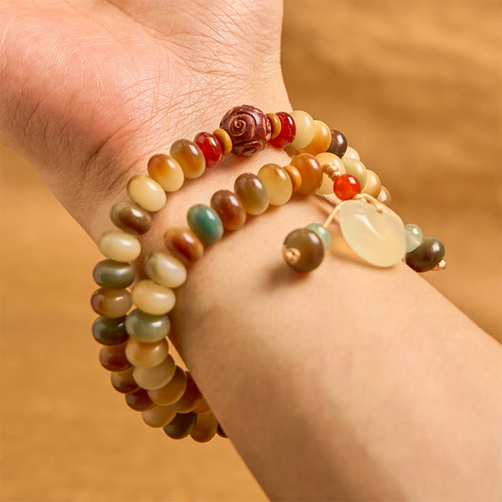 Pulsera de doble vuelta con Buddha Stones, semillas de Bodhi coloridas, candado de paz, cuentas de ábaco de la sabiduría