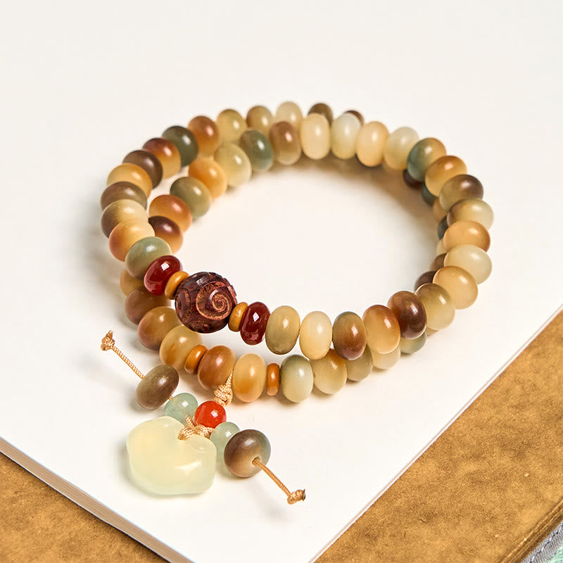 Pulsera de doble vuelta con Buddha Stones, semillas de Bodhi coloridas, candado de paz, cuentas de ábaco de la sabiduría