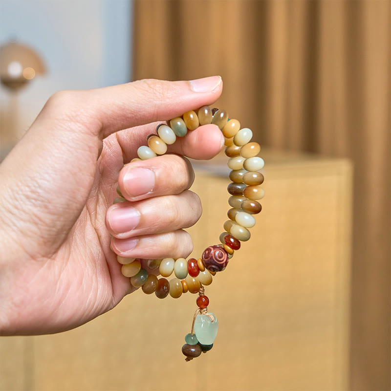 Pulsera de doble vuelta con Buddha Stones, semillas de Bodhi coloridas, candado de paz, cuentas de ábaco de la sabiduría