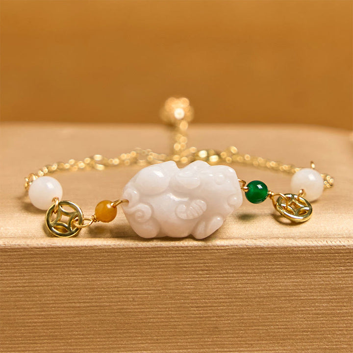Pulsera de la suerte con monedas de cobre talladas en jade PiXiu natural y Buddha Stones