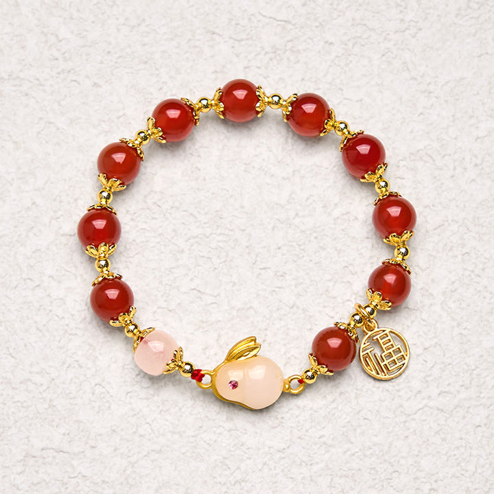 Pulsera de confianza con Buddha Stones, ágata roja, calcedonia, conejo y carácter Fu