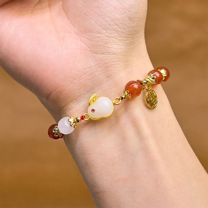 Pulsera de confianza con Buddha Stones, ágata roja, calcedonia, conejo y carácter Fu