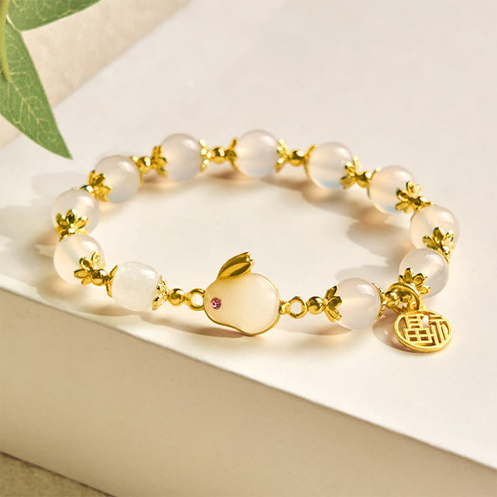 Pulsera de confianza con Buddha Stones, ágata roja, calcedonia, conejo y carácter Fu