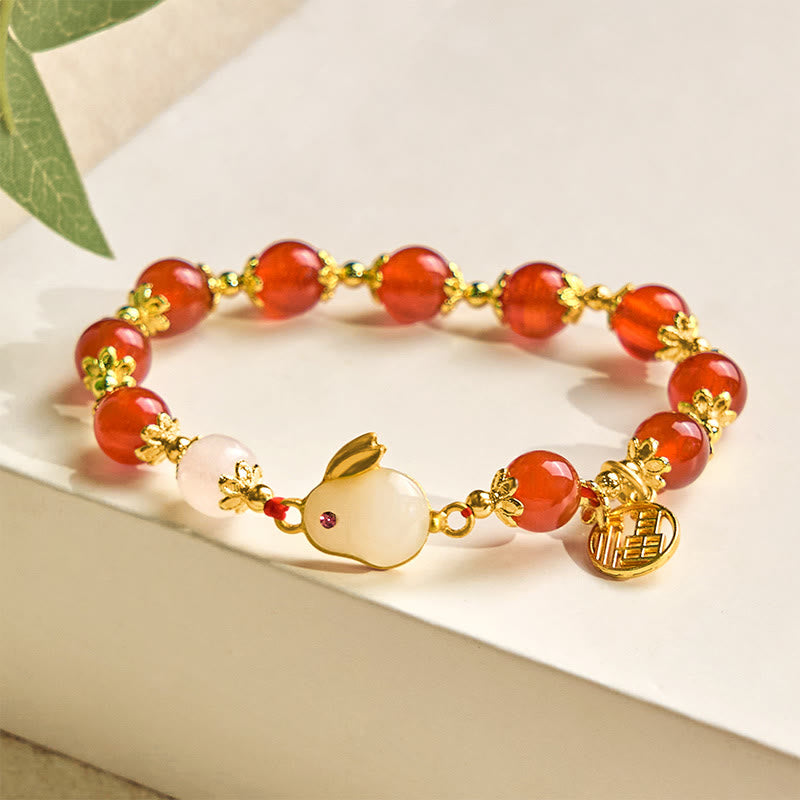 Pulsera de confianza con Buddha Stones, ágata roja, calcedonia, conejo y carácter Fu