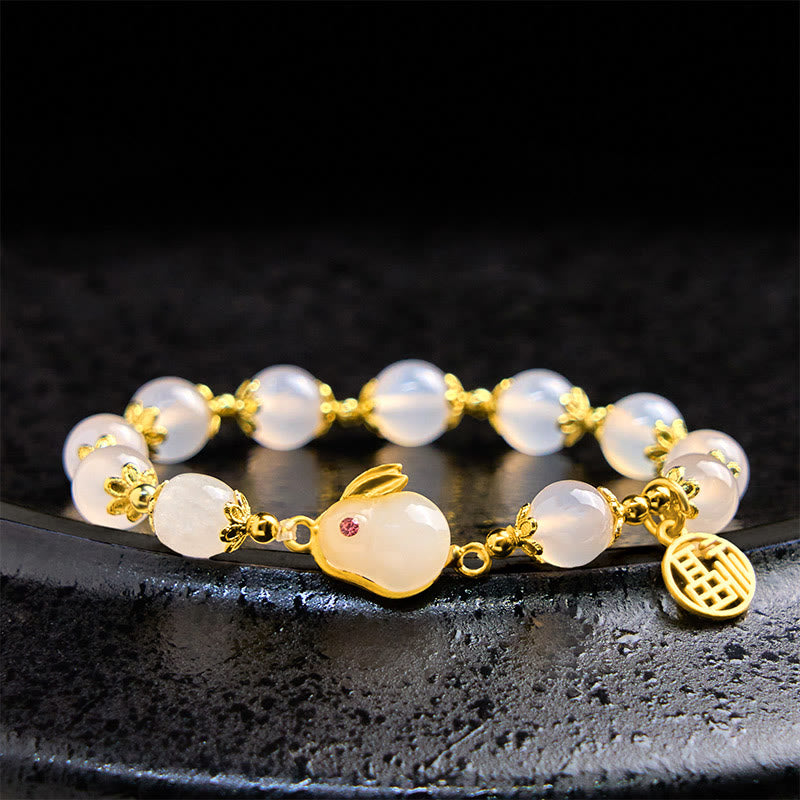 Pulsera de confianza con Buddha Stones, ágata roja, calcedonia, conejo y carácter Fu