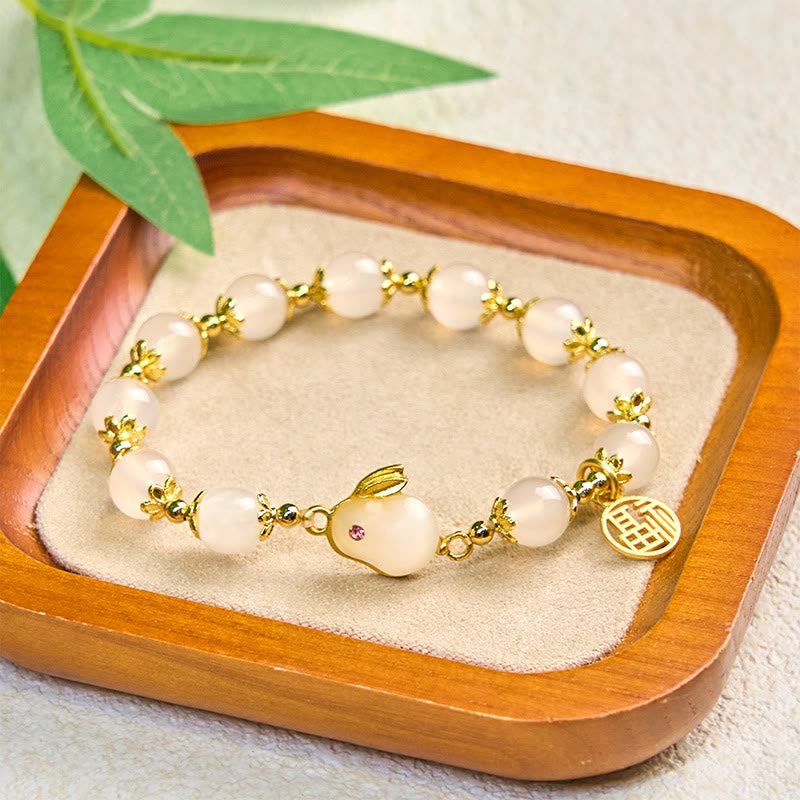 Pulsera de confianza con Buddha Stones, ágata roja, calcedonia, conejo y carácter Fu