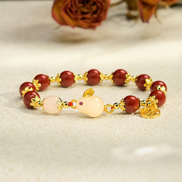 Pulsera con dije de bendición de Buddha Stones de cinabrio y un lindo conejo Fu