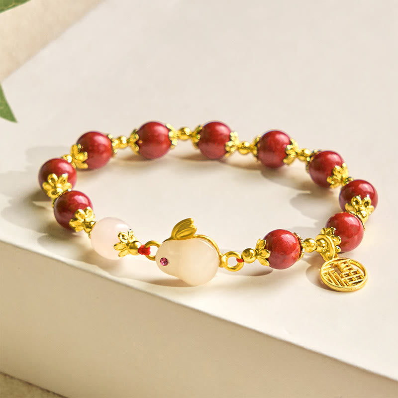 Pulsera con dije de bendición de Buddha Stones de cinabrio y un lindo conejo Fu