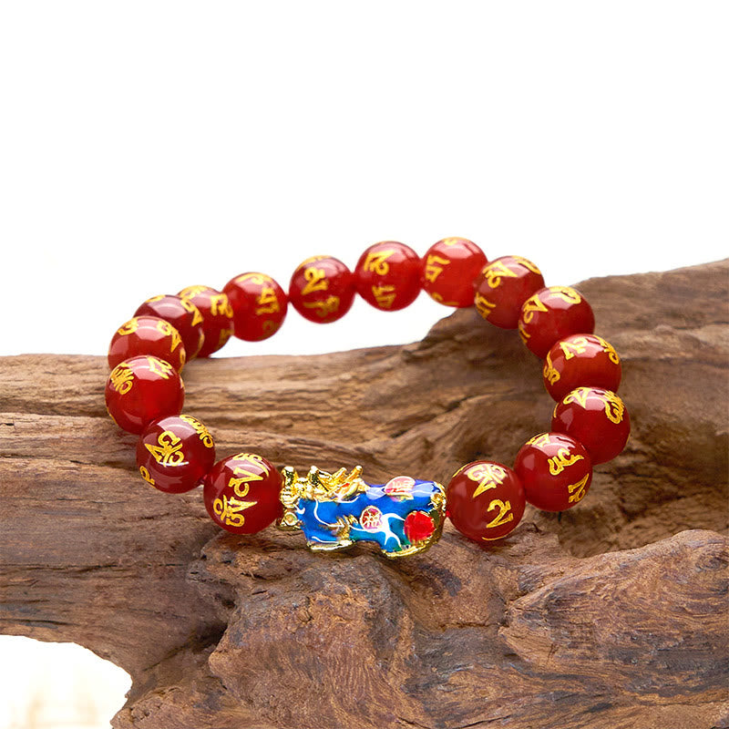 Pulsera PiXiu Om Mani Padme Hum con Buddha Stones y ágata roja que cambia de color