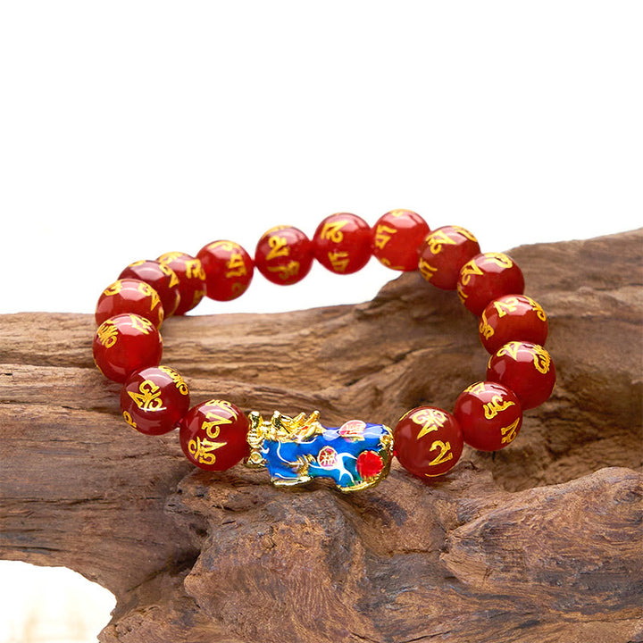 Pulsera PiXiu Om Mani Padme Hum con Buddha Stones y ágata roja que cambia de color