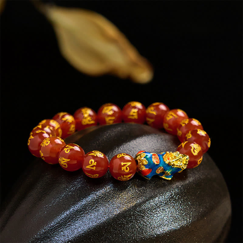 Pulsera PiXiu Om Mani Padme Hum con Buddha Stones y ágata roja que cambia de color