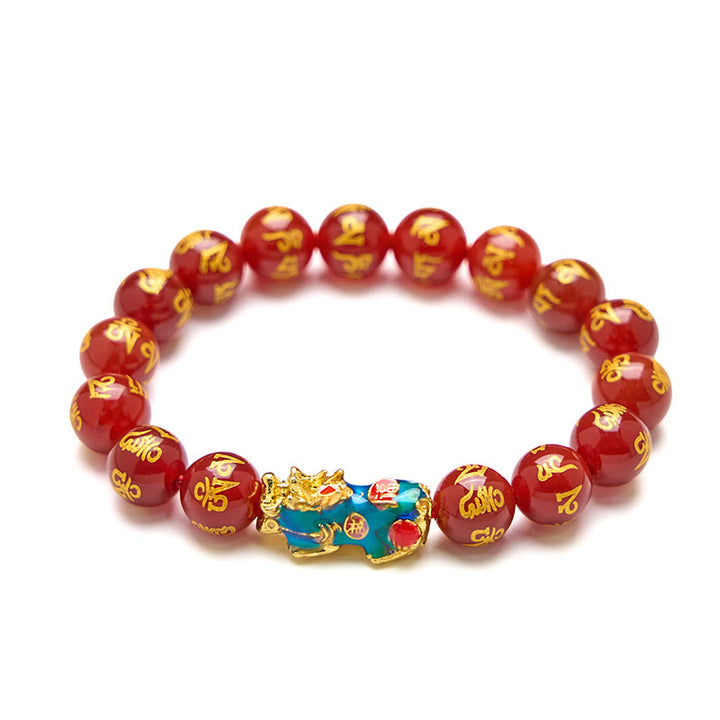 Pulsera PiXiu Om Mani Padme Hum con Buddha Stones y ágata roja que cambia de color
