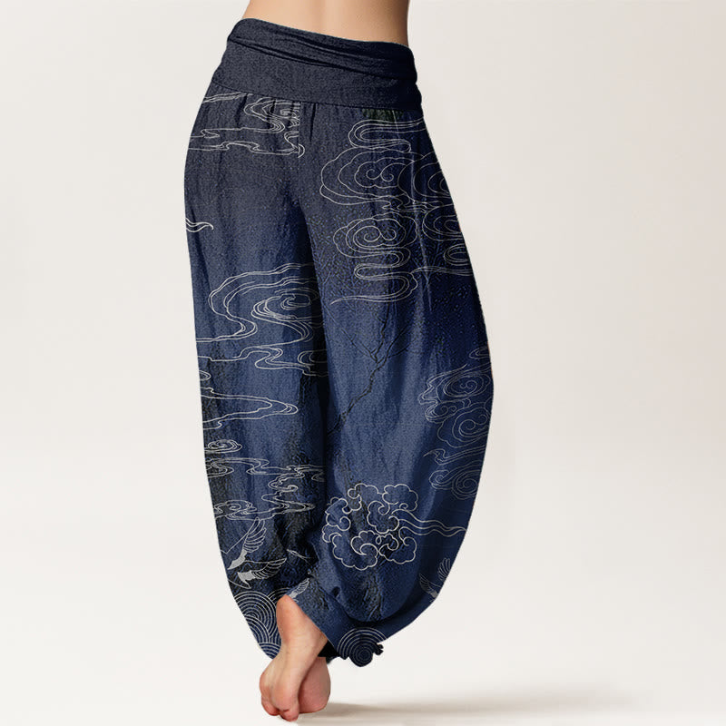 Pantalones harén de algodón puro con diseño de Buddha Stones, nubes auspiciosas, pájaros y árboles, para mujer, con cintura elástica