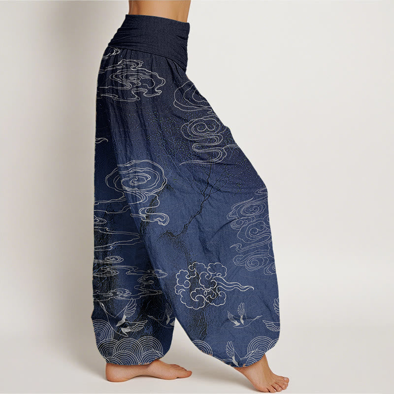 Pantalones harén de algodón puro con diseño de Buddha Stones, nubes auspiciosas, pájaros y árboles, para mujer, con cintura elástica - image 1