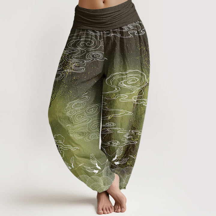 Pantalones harén de algodón puro con diseño de Buddha Stones, nubes auspiciosas, pájaros y árboles, para mujer, con cintura elástica