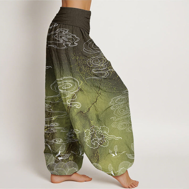 Pantalones harén de algodón puro con diseño de Buddha Stones, nubes auspiciosas, pájaros y árboles, para mujer, con cintura elástica - image 10