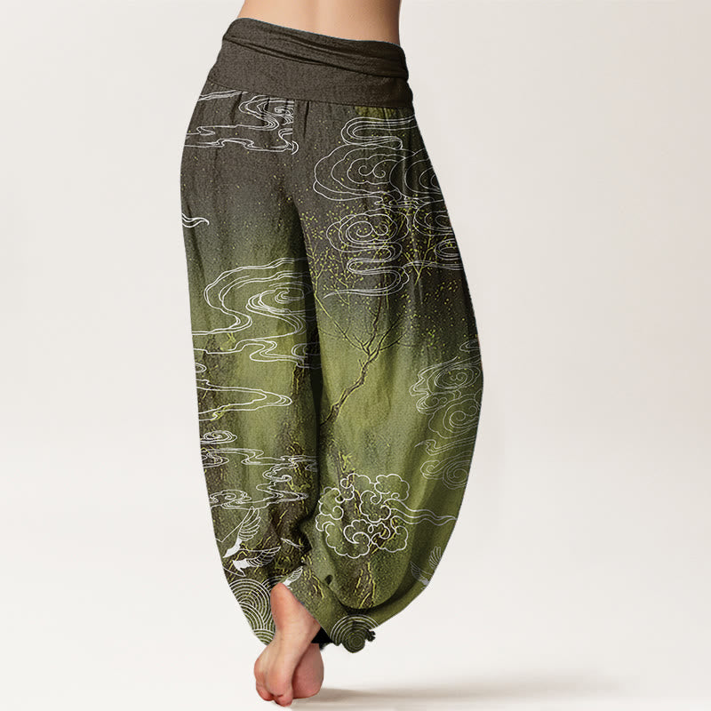 Pantalones harén de algodón puro con diseño de Buddha Stones, nubes auspiciosas, pájaros y árboles, para mujer, con cintura elástica - image 11