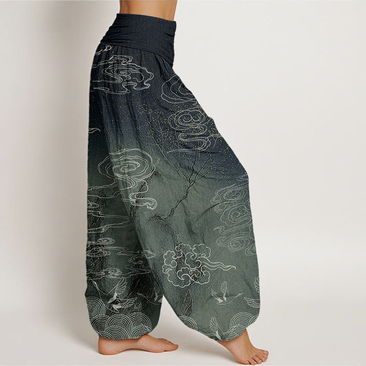 Pantalones harén de algodón puro con diseño de Buddha Stones, nubes auspiciosas, pájaros y árboles, para mujer, con cintura elástica