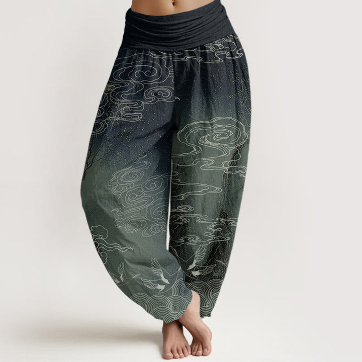 Pantalones harén de algodón puro con diseño de Buddha Stones, nubes auspiciosas, pájaros y árboles, para mujer, con cintura elástica - Verde oscuro - US22，UK/AU26，EU54 (6XL) - image 6