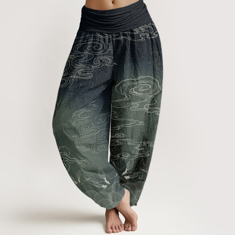 Pantalones harén de algodón puro con diseño de Buddha Stones, nubes auspiciosas, pájaros y árboles, para mujer, con cintura elástica