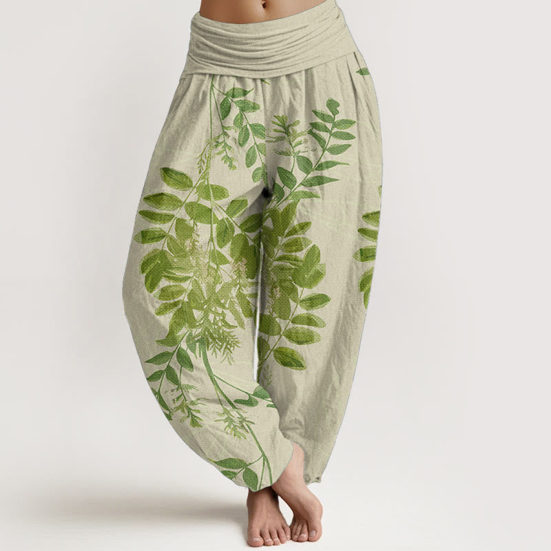 Pantalones Buddha Stones de algodón puro con hojas verdes y ramas para mujer, con cintura elástica - Vara de oro pálida - US22，UK/AU26，EU54 (6XL) - image 0