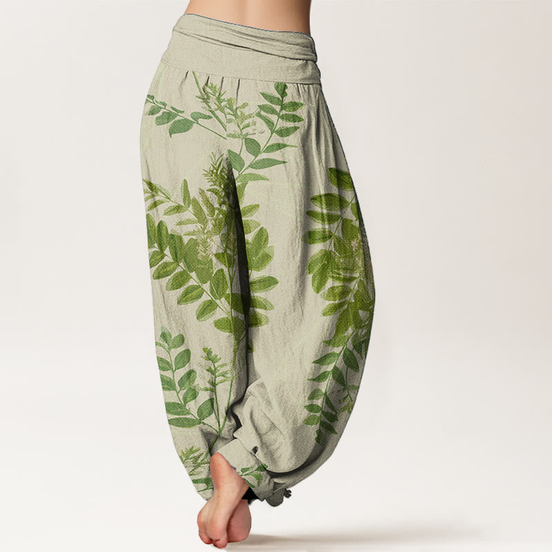 Pantalones Buddha Stones de algodón puro con hojas verdes y ramas para mujer, con cintura elástica