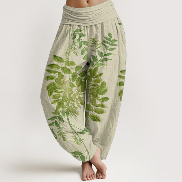 Pantalones Buddha Stones de algodón puro con hojas verdes y ramas para mujer, con cintura elástica