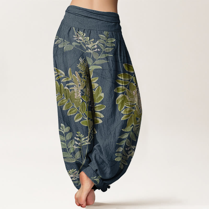 Pantalones Buddha Stones de algodón puro con hojas verdes y ramas para mujer, con cintura elástica
