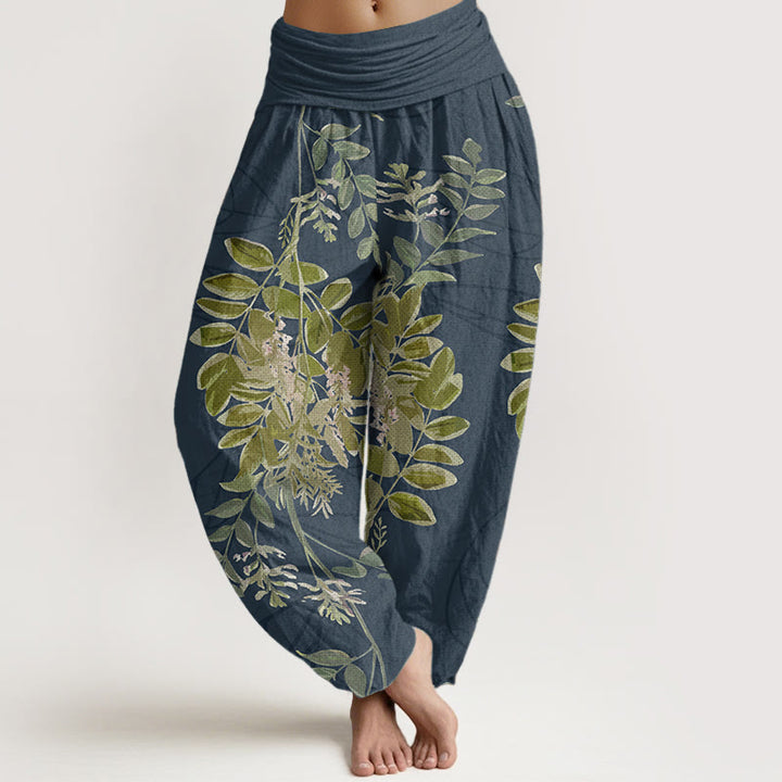 Pantalones Buddha Stones de algodón puro con hojas verdes y ramas para mujer, con cintura elástica