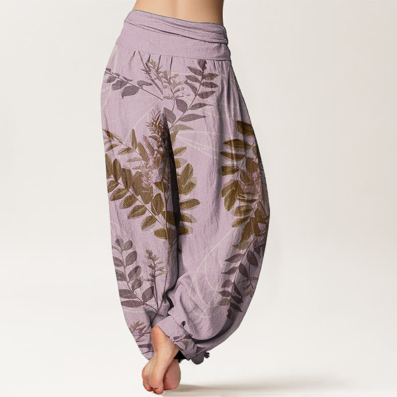 Pantalones Buddha Stones de algodón puro con hojas verdes y ramas para mujer, con cintura elástica