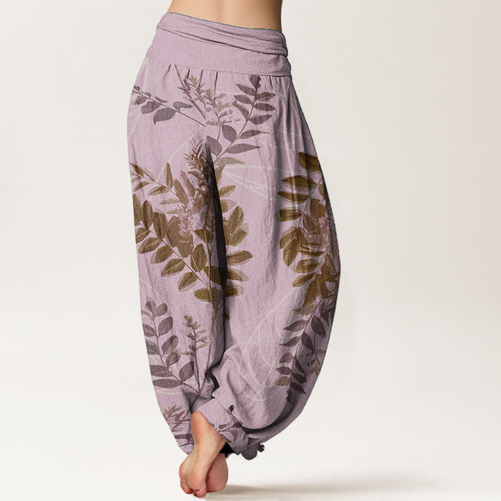 Pantalones Buddha Stones de algodón puro con hojas verdes y ramas para mujer, con cintura elástica
