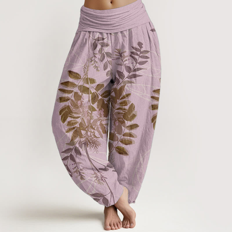 Pantalones Buddha Stones de algodón puro con hojas verdes y ramas para mujer, con cintura elástica