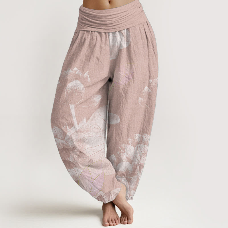 Pantalones harén de Buddha Stones puro con diseño de loto rosa y blanco para mujer, con cintura elástica - Salmón oscuro - US22，UK/AU26，EU54 (6XL) - image 0
