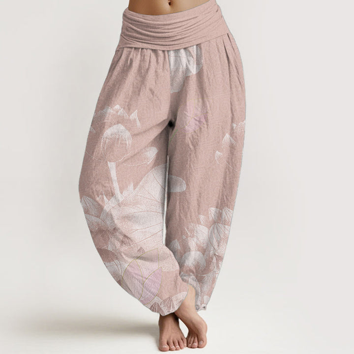 Pantalones harén de Buddha Stones puro con diseño de loto rosa y blanco para mujer, con cintura elástica - Salmón oscuro - US22，UK/AU26，EU54 (6XL) - image 0