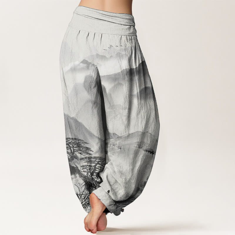 Pantalones harén de algodón puro con diseño de Buddha Stones, montañas, árboles y paisajes, con pintura en tinta, para mujer, con cintura elástica - image 2