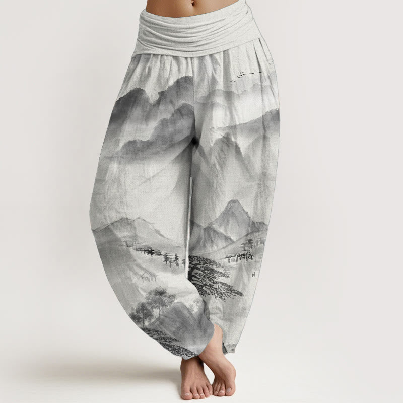 Pantalones harén de algodón puro con diseño de Buddha Stones, montañas, árboles y paisajes, con pintura en tinta, para mujer, con cintura elástica - Gris - US22，UK/AU26，EU54 (6XL) - image 0