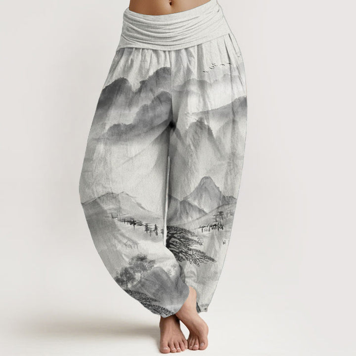 Pantalones harén de algodón puro con diseño de Buddha Stones, montañas, árboles y paisajes, con pintura en tinta, para mujer, con cintura elástica - Gris - US22，UK/AU26，EU54 (6XL) - image 0