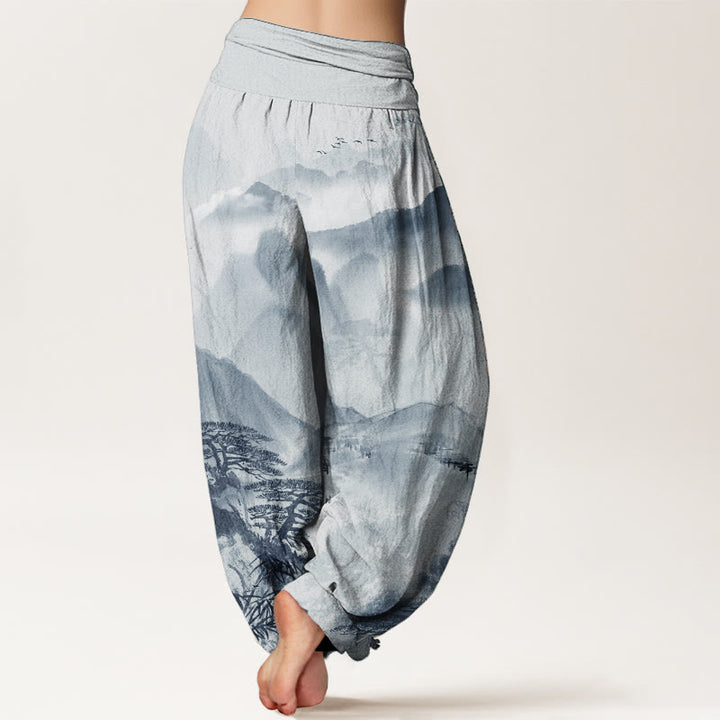 Pantalones harén de algodón puro con diseño de Buddha Stones, montañas, árboles y paisajes, con pintura en tinta, para mujer, con cintura elástica