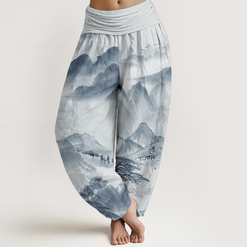 Pantalones harén de algodón puro con diseño de Buddha Stones, montañas, árboles y paisajes, con pintura en tinta, para mujer, con cintura elástica - Azul claro - US22，UK/AU26，EU54 (6XL) - image 5