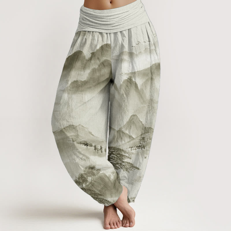 Pantalones harén de algodón puro con diseño de Buddha Stones, montañas, árboles y paisajes, con pintura en tinta, para mujer, con cintura elástica