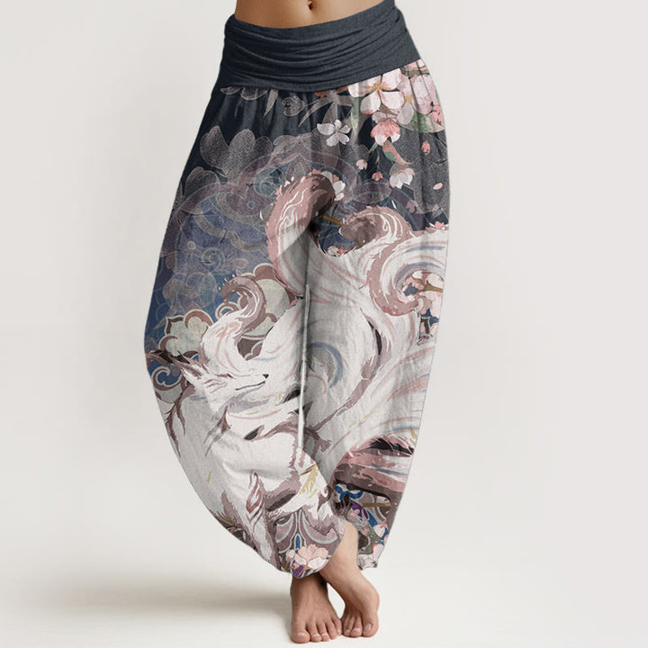 Pantalones Buddha Stones de algodón puro con estampado de zorro y flores de cerezo para mujer, con cintura elástica