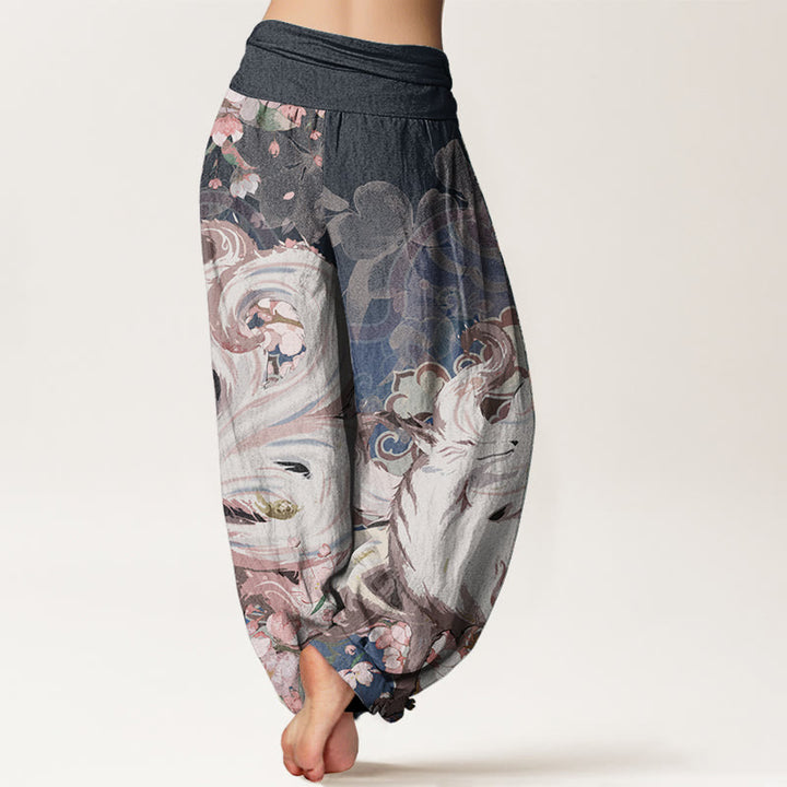 Pantalones Buddha Stones de algodón puro con estampado de zorro y flores de cerezo para mujer, con cintura elástica