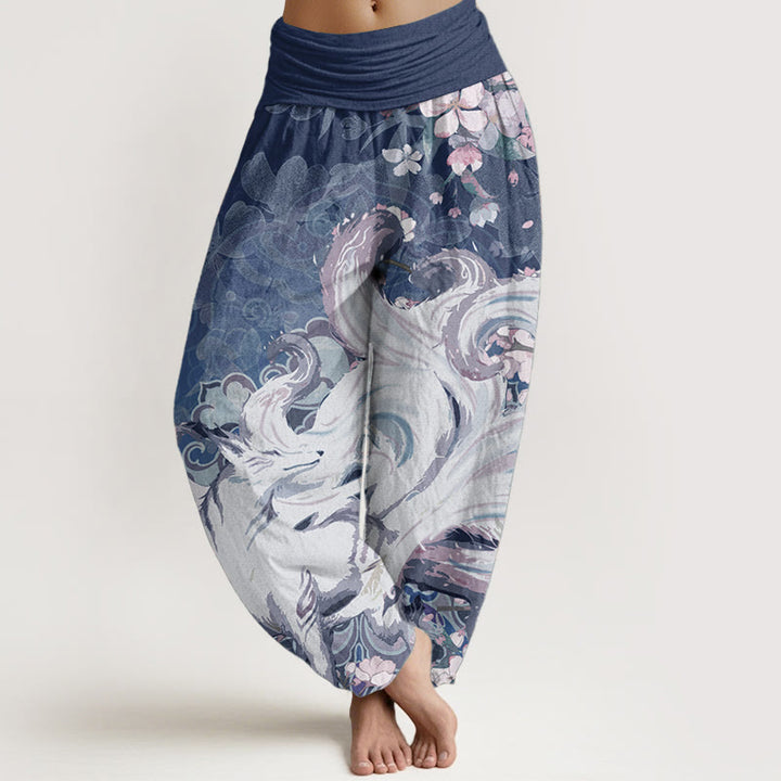 Pantalones Buddha Stones de algodón puro con estampado de zorro y flores de cerezo para mujer, con cintura elástica