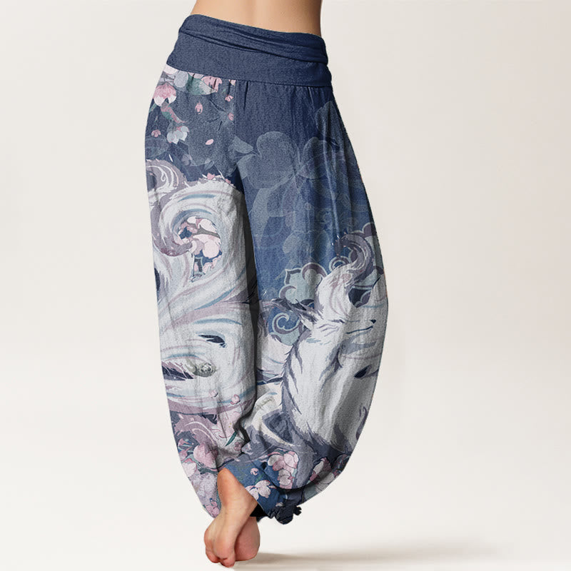 Pantalones Buddha Stones de algodón puro con estampado de zorro y flores de cerezo para mujer, con cintura elástica