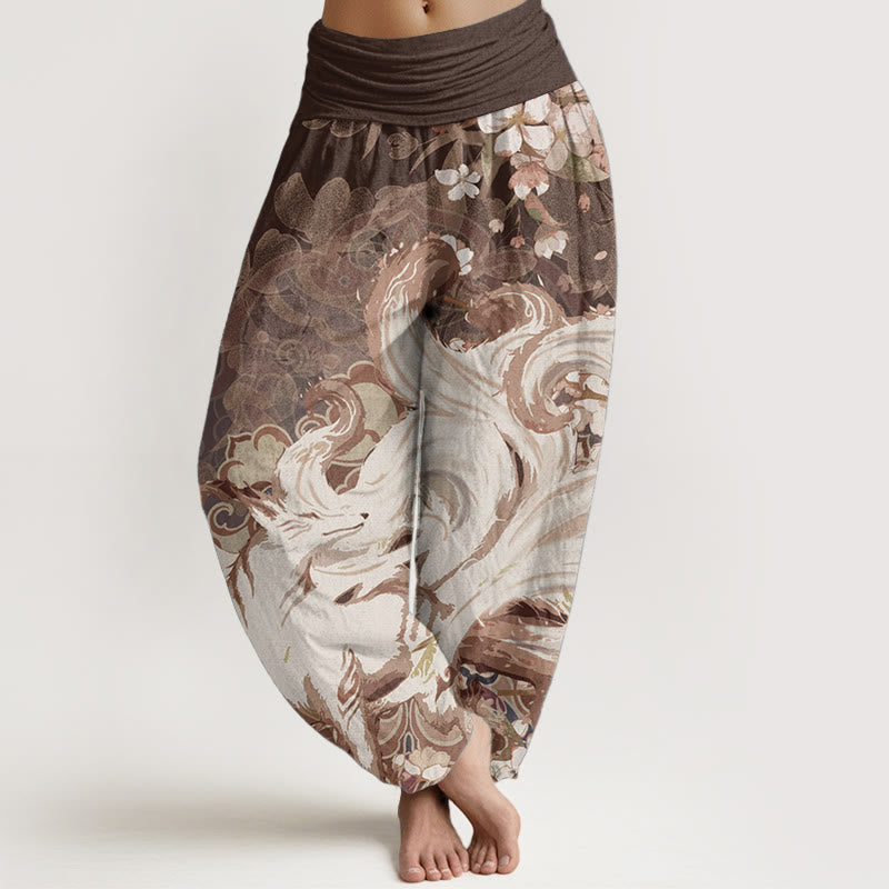 Pantalones Buddha Stones de algodón puro con estampado de zorro y flores de cerezo para mujer, con cintura elástica