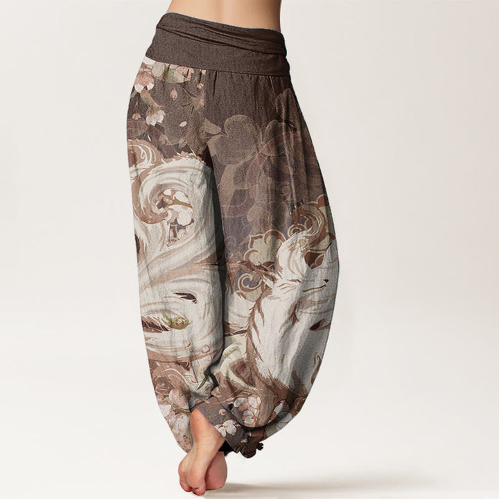 Pantalones Buddha Stones de algodón puro con estampado de zorro y flores de cerezo para mujer, con cintura elástica